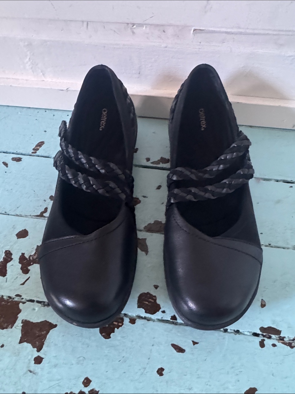 Aetrex Size 10 Annie Black Leather Braided Mary Jane Flats